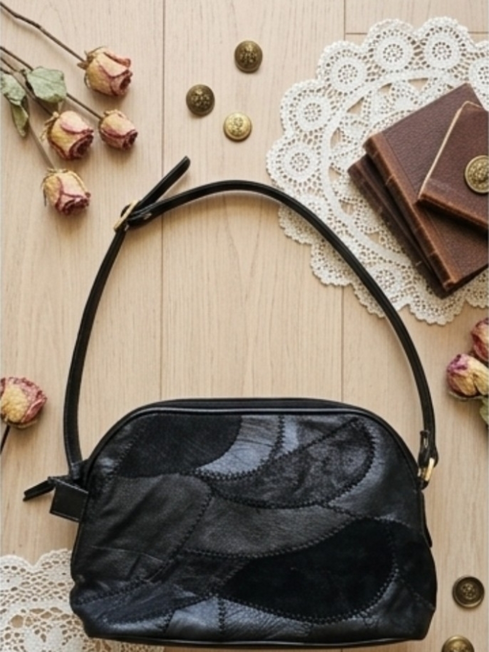Vintage 90s Black Leather Patchwork Shoulder Bag Hobo Purse